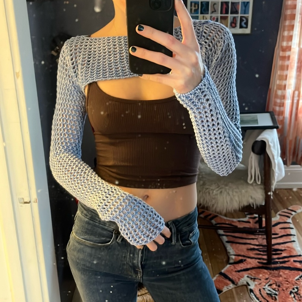 NWOT Urban Outfitters Blue Acid Wash Lattice Knit Long Sleeve Shrug Size XS